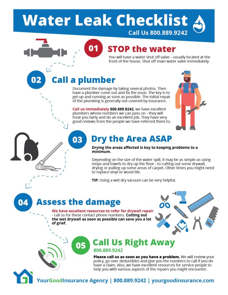 Water leak checklist - homeowners insurance infographic