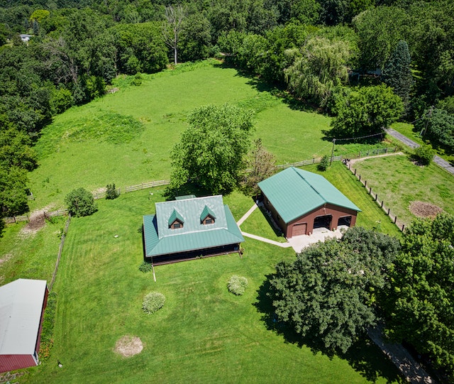 Aerial of home - keep space around home clear to avoid wildfire damage