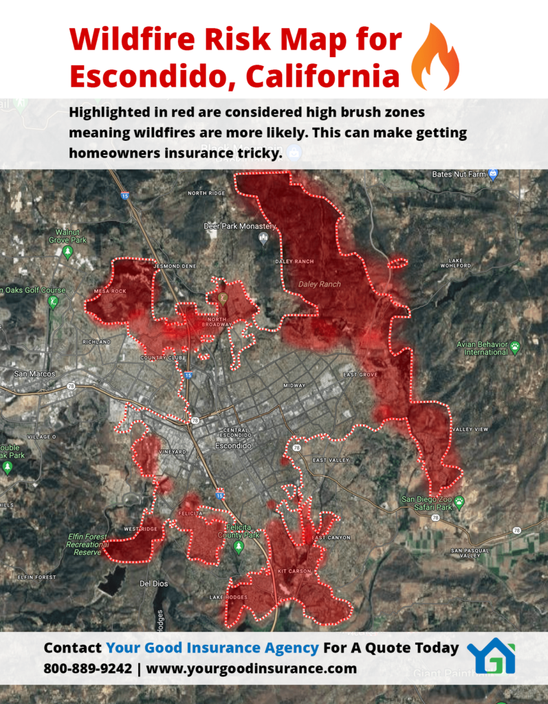 Wildfire Risk Map of Escondido, California - Homeowners Insurance High Brush Zone