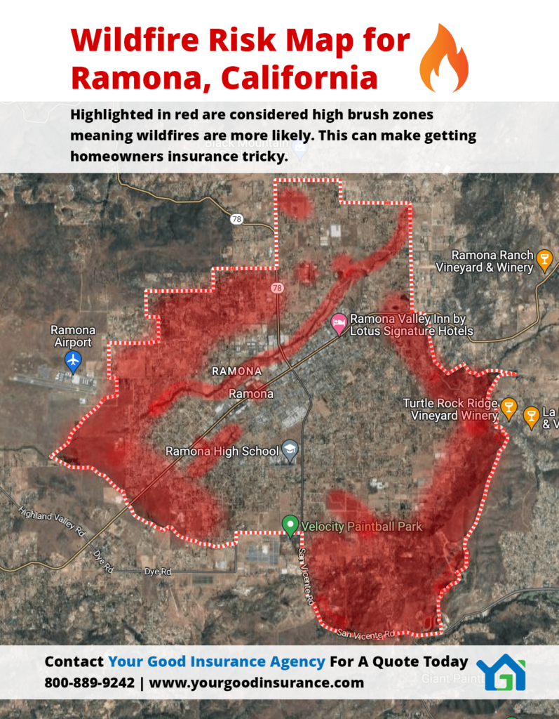 Wildfire Risk Map of Ramona, California - Homeowners Insurance High Brush Zone